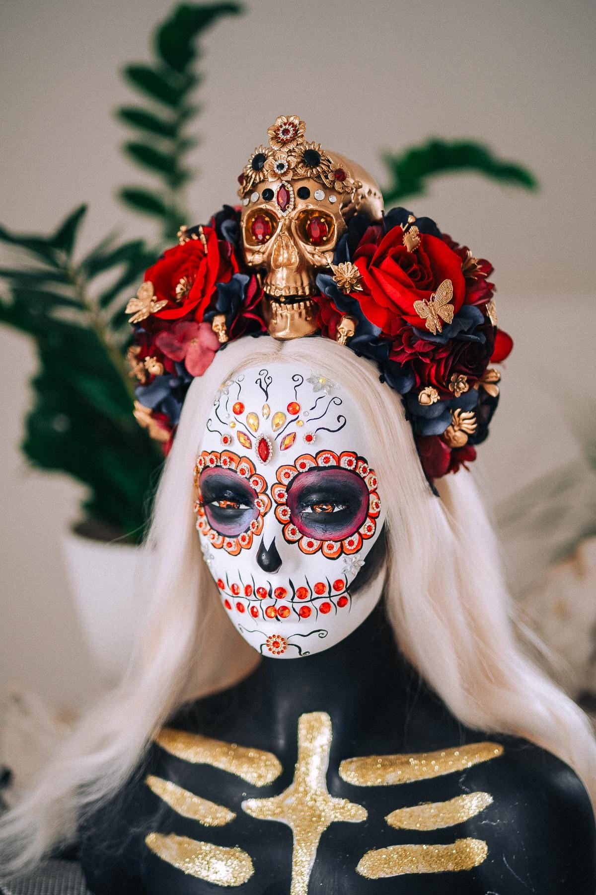 La Catrina Royal Ruby Crown, Día de los Muertos Headpiece, Mexican Floral Crown, Sugar Skull Crown, Luxury Flower Crown