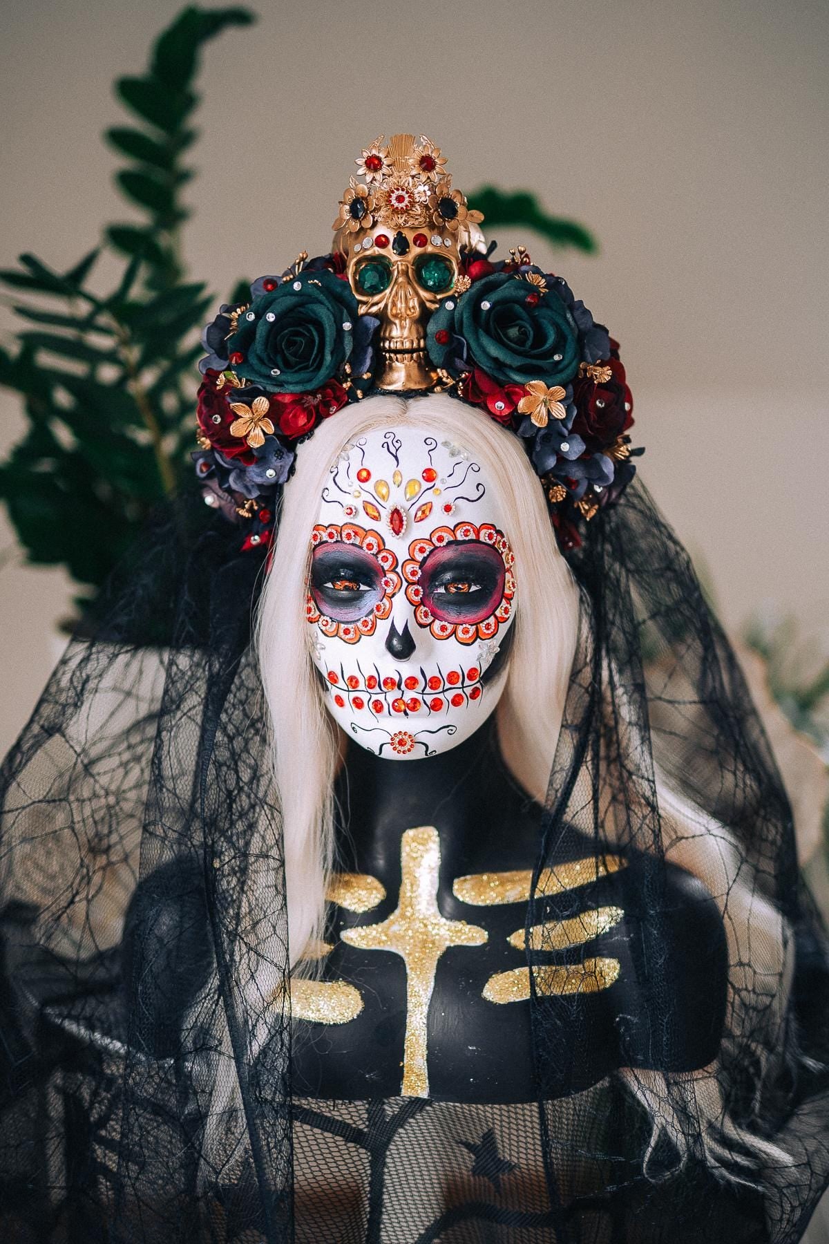 La Catrina Emerald Veil Crown, Día de los Muertos Veil Headpiece, Mexican Floral Crown, Sugar Skull Crown, Couture Bridal Veil