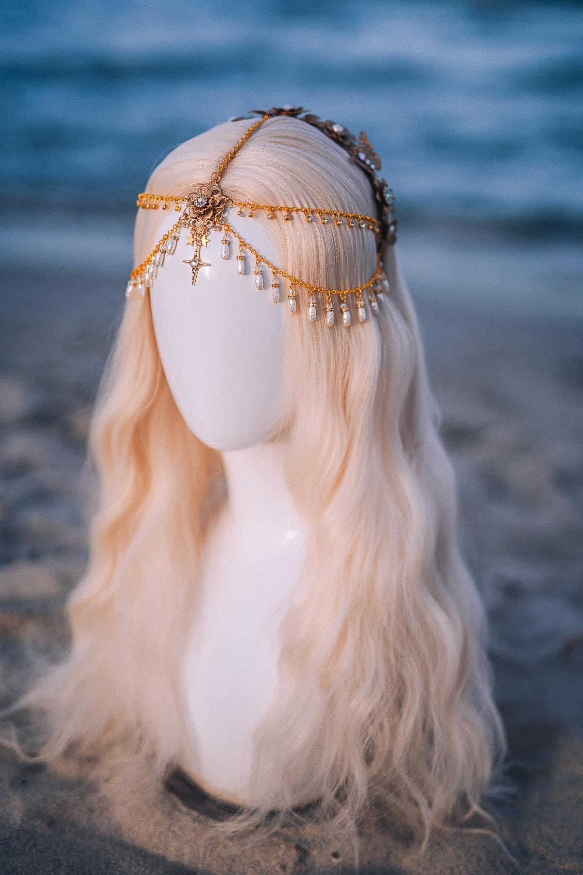Celestial Pearl Bridal Tiara Gold Butterfly Wedding Headpiece Beach Bride Crown