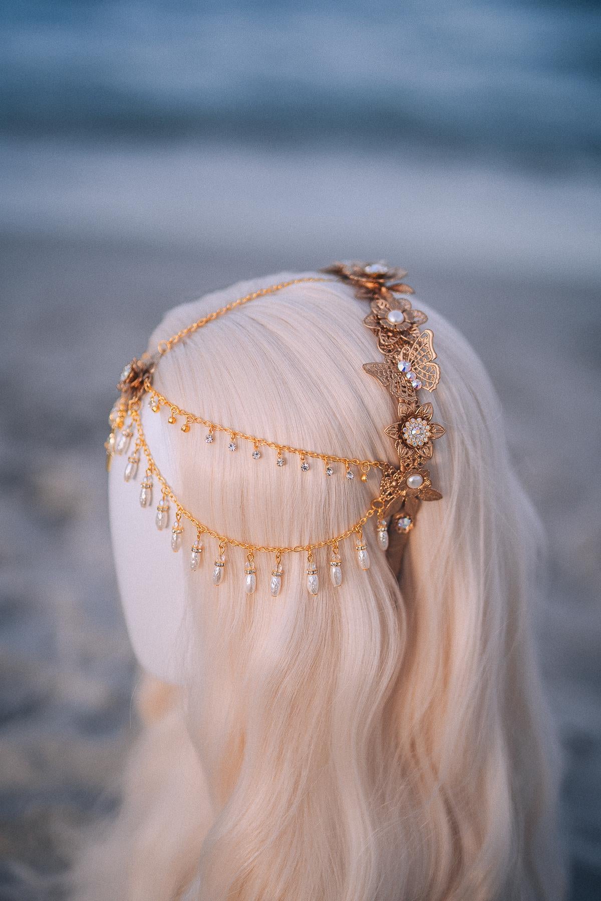 Celestial Pearl Bridal Tiara Gold Butterfly Wedding Headpiece Beach Bride Crown