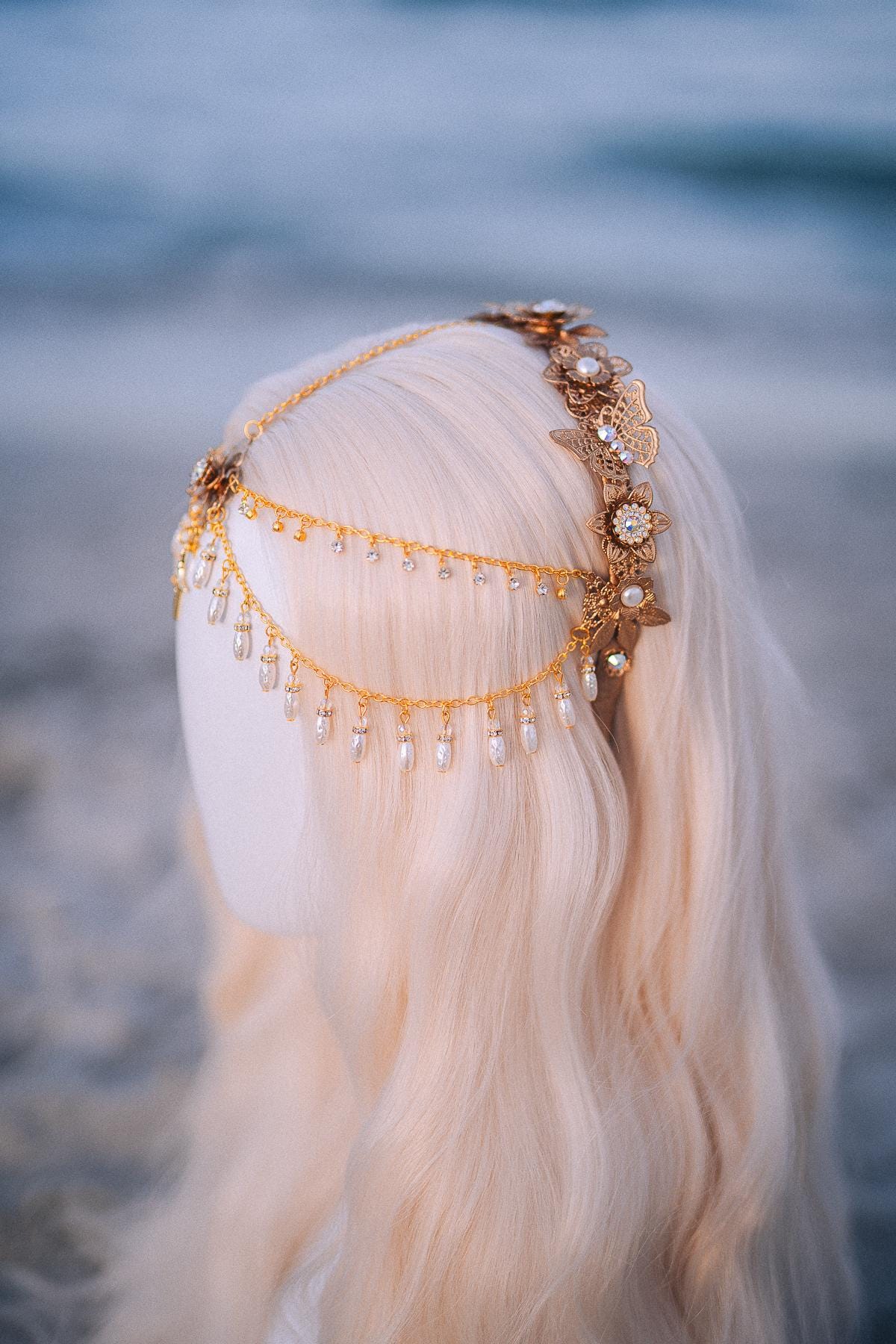 Celestial Pearl Bridal Tiara Gold Butterfly Wedding Headpiece Beach Bride Crown