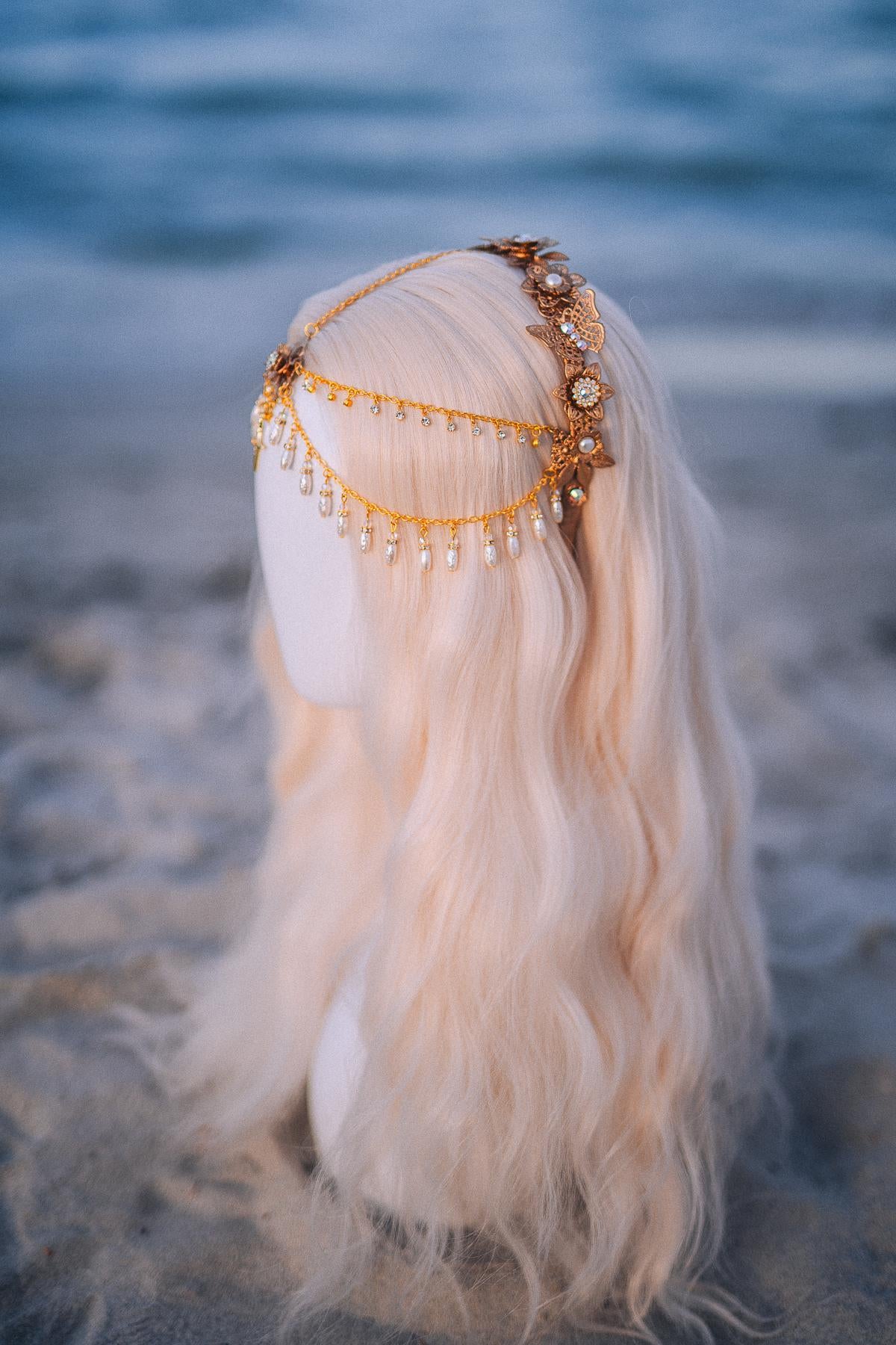 Celestial Pearl Bridal Tiara Gold Butterfly Wedding Headpiece Beach Bride Crown