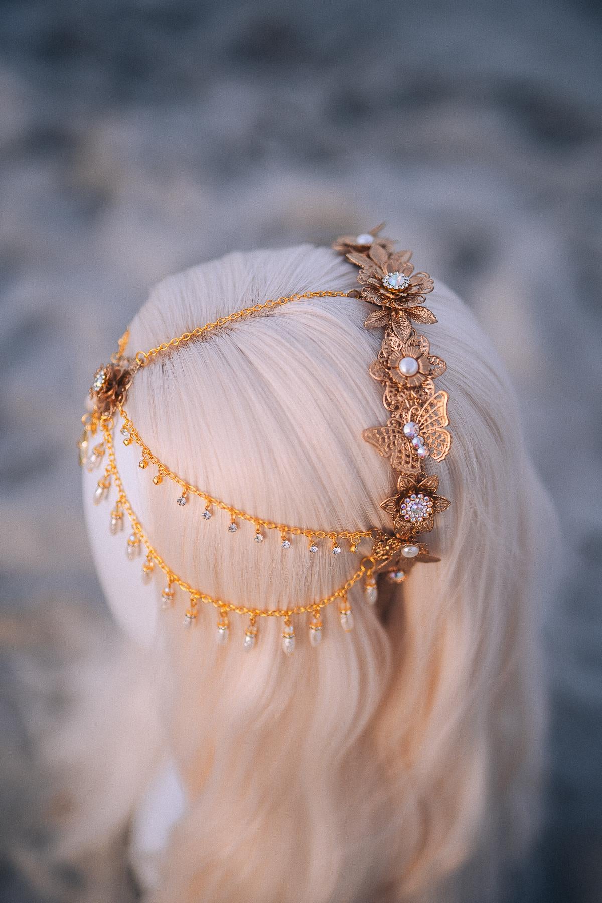 Celestial Pearl Bridal Tiara Gold Butterfly Wedding Headpiece Beach Bride Crown