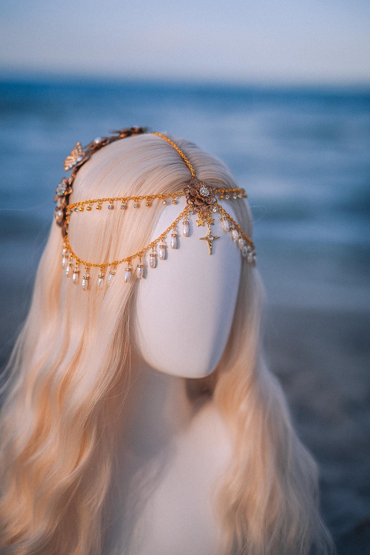 Celestial Pearl Bridal Tiara Gold Butterfly Wedding Headpiece Beach Bride Crown