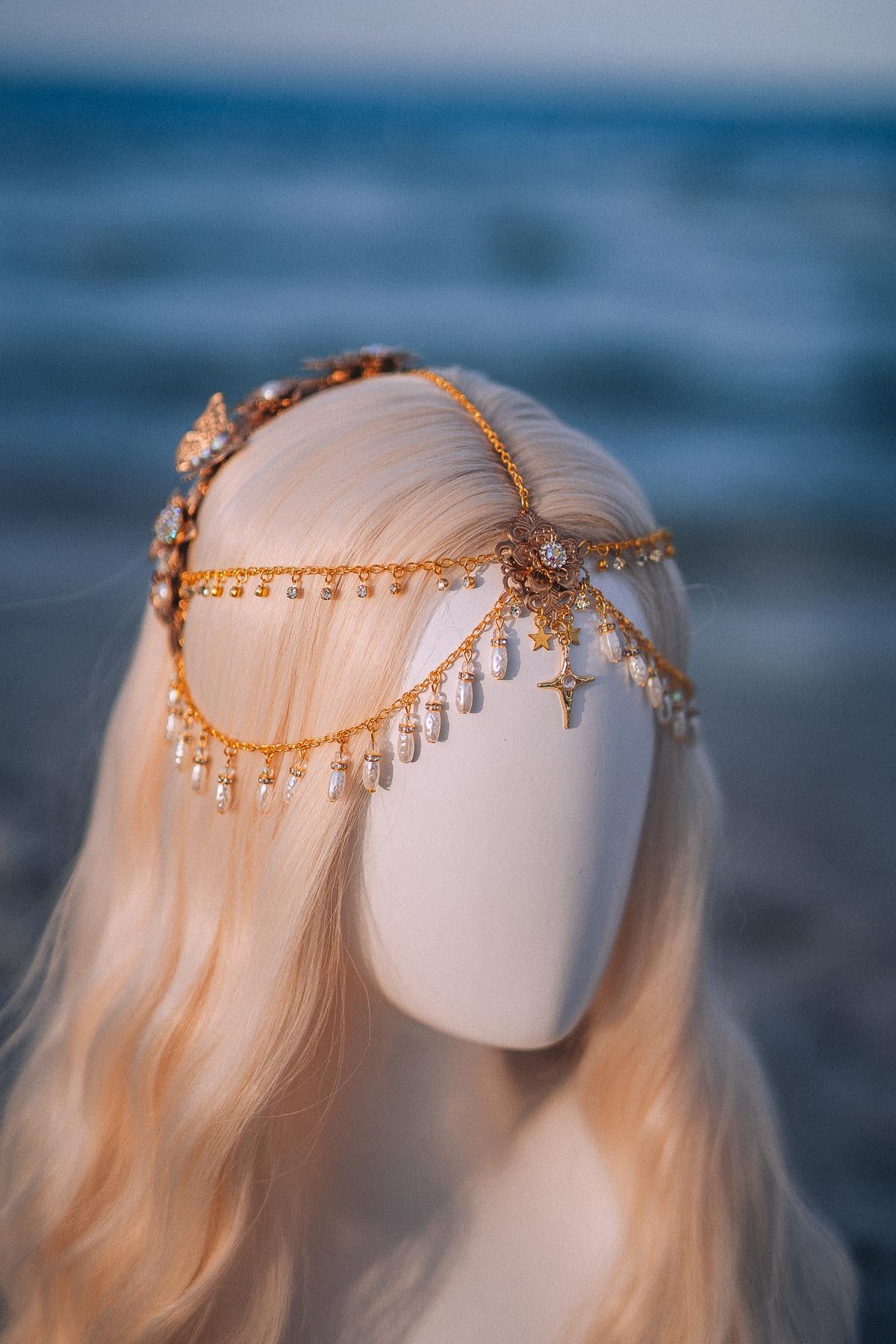 Celestial Pearl Bridal Tiara Gold Butterfly Wedding Headpiece Beach Bride Crown