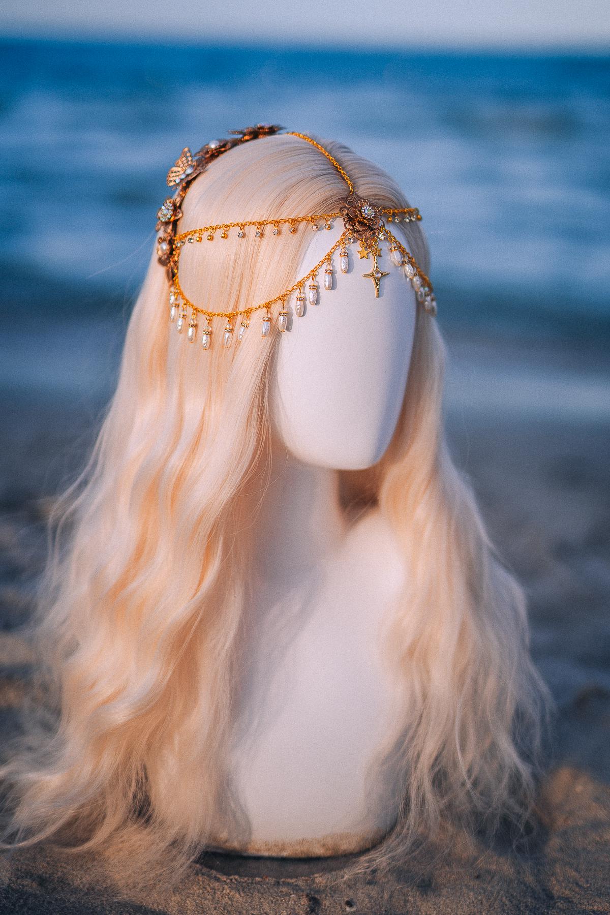 Celestial Pearl Bridal Tiara Gold Butterfly Wedding Headpiece Beach Bride Crown