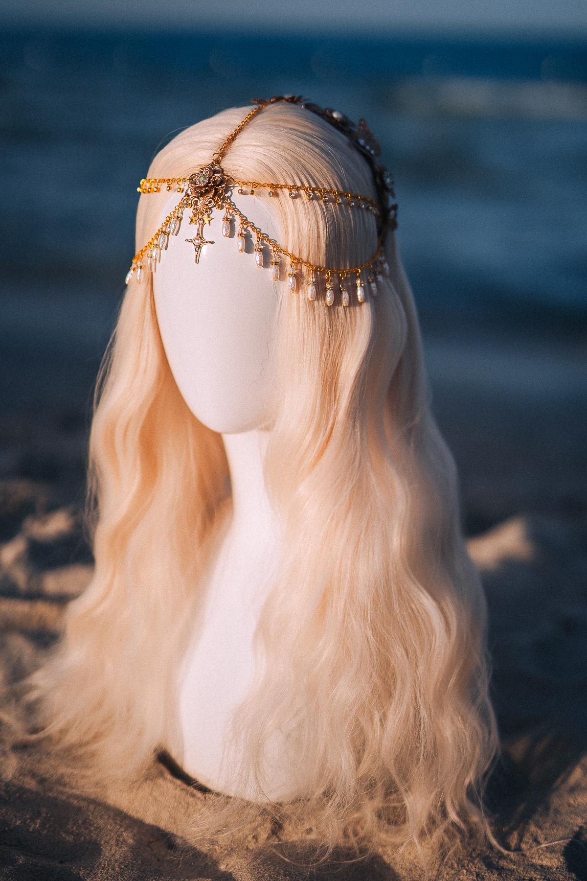 Celestial Pearl Bridal Tiara Gold Butterfly Wedding Headpiece Beach Bride Crown