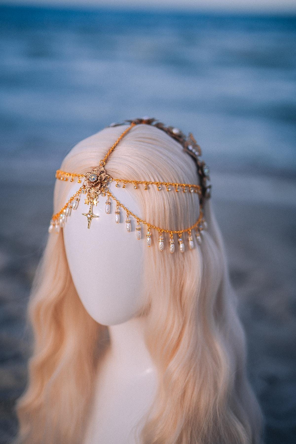 Celestial Pearl Bridal Tiara Gold Butterfly Wedding Headpiece Beach Bride Crown