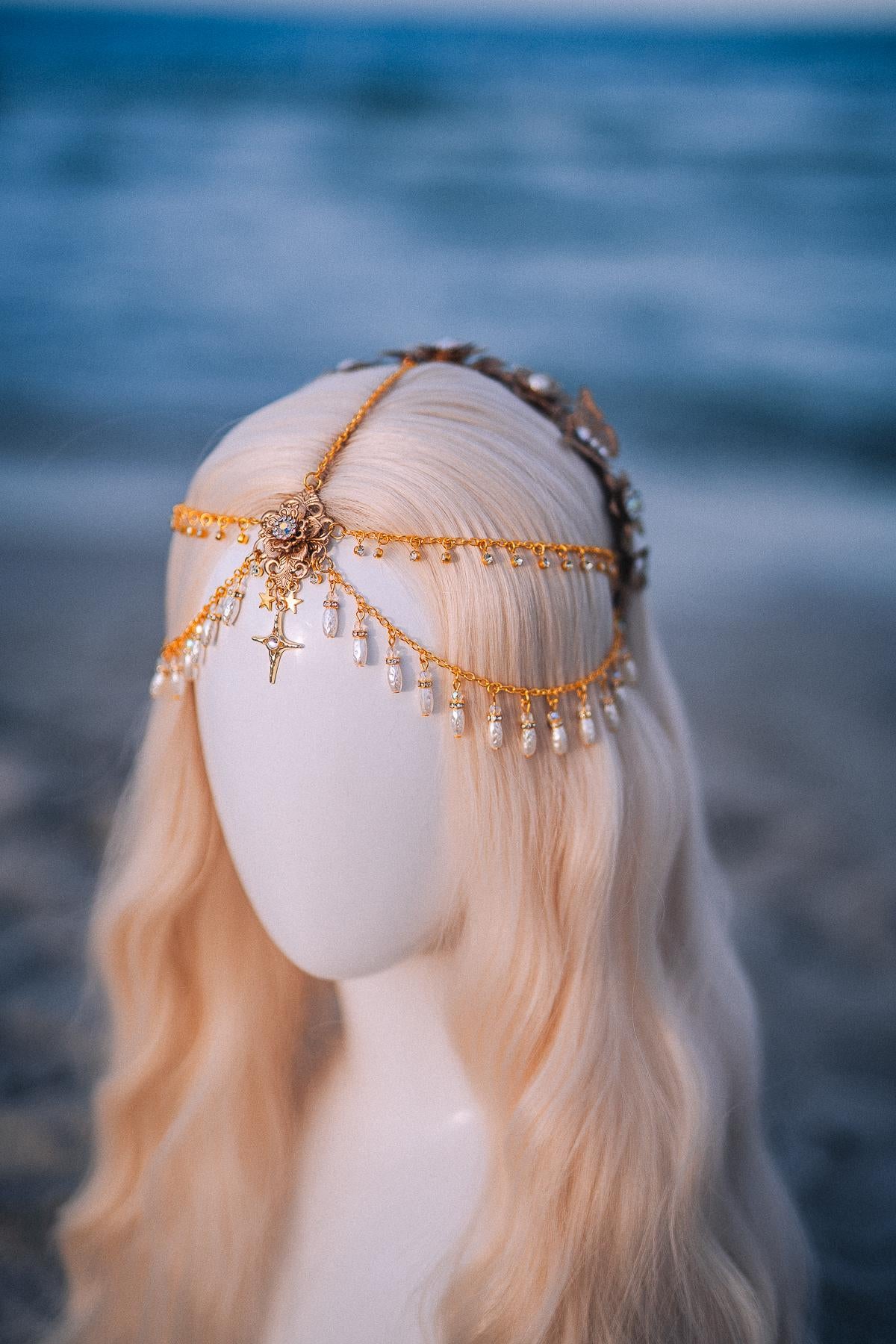 Celestial Pearl Bridal Tiara Gold Butterfly Wedding Headpiece Beach Bride Crown