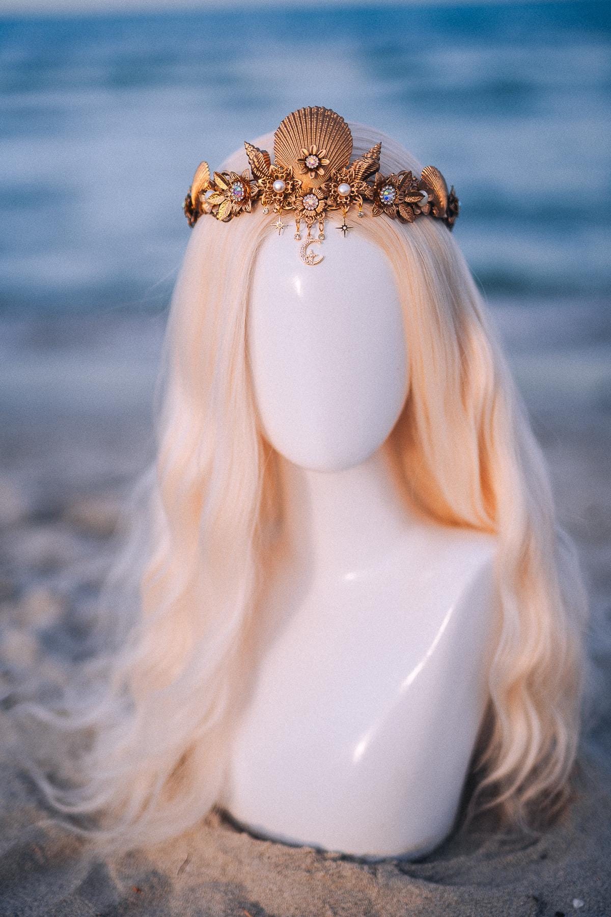 Seashell Moon Bridal Tiara Gold Beach Wedding Crown Celestial Bride Headpiece