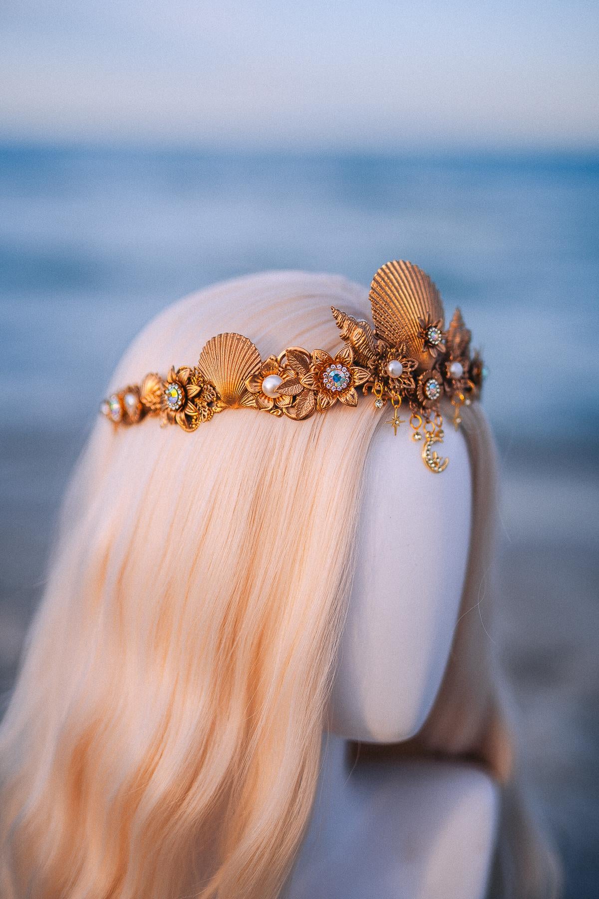 Seashell Moon Bridal Tiara Gold Beach Wedding Crown Celestial Bride Headpiece
