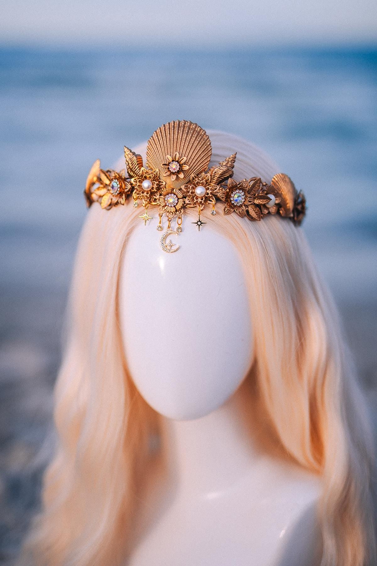 Seashell Moon Bridal Tiara Gold Beach Wedding Crown Celestial Bride Headpiece