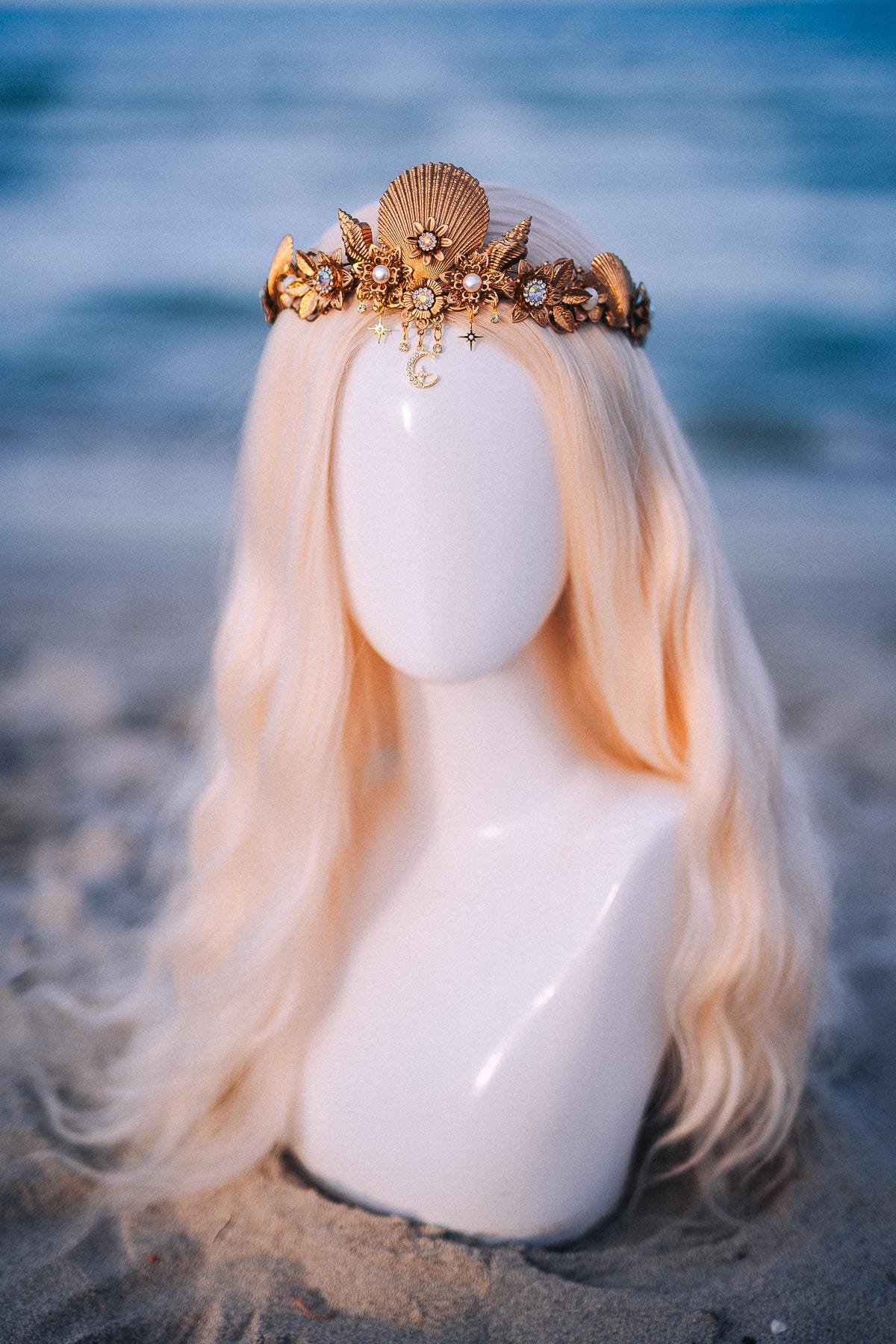 Seashell Moon Bridal Tiara Gold Beach Wedding Crown Celestial Bride Headpiece