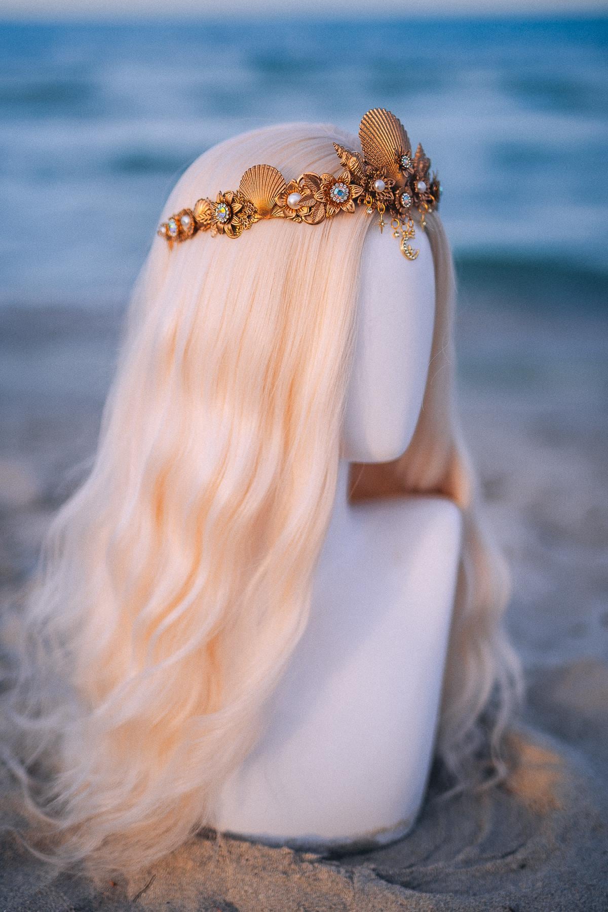 Seashell Moon Bridal Tiara Gold Beach Wedding Crown Celestial Bride Headpiece