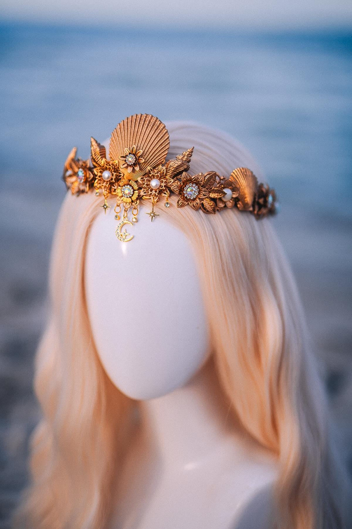 Seashell Moon Bridal Tiara Gold Beach Wedding Crown Celestial Bride Headpiece