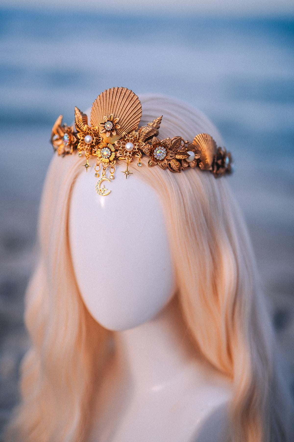 Seashell Moon Bridal Tiara Gold Beach Wedding Crown Celestial Bride Headpiece