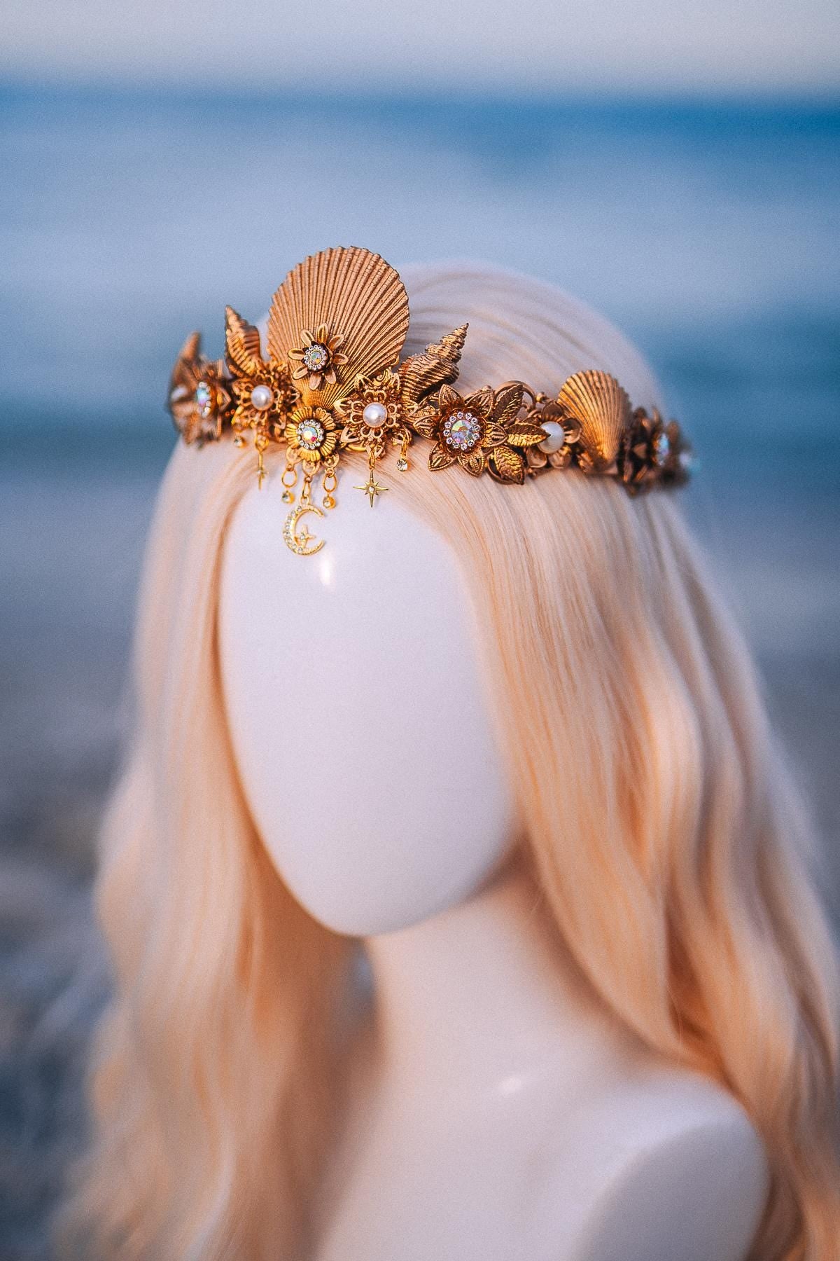 Seashell Moon Bridal Tiara Gold Beach Wedding Crown Celestial Bride Headpiece