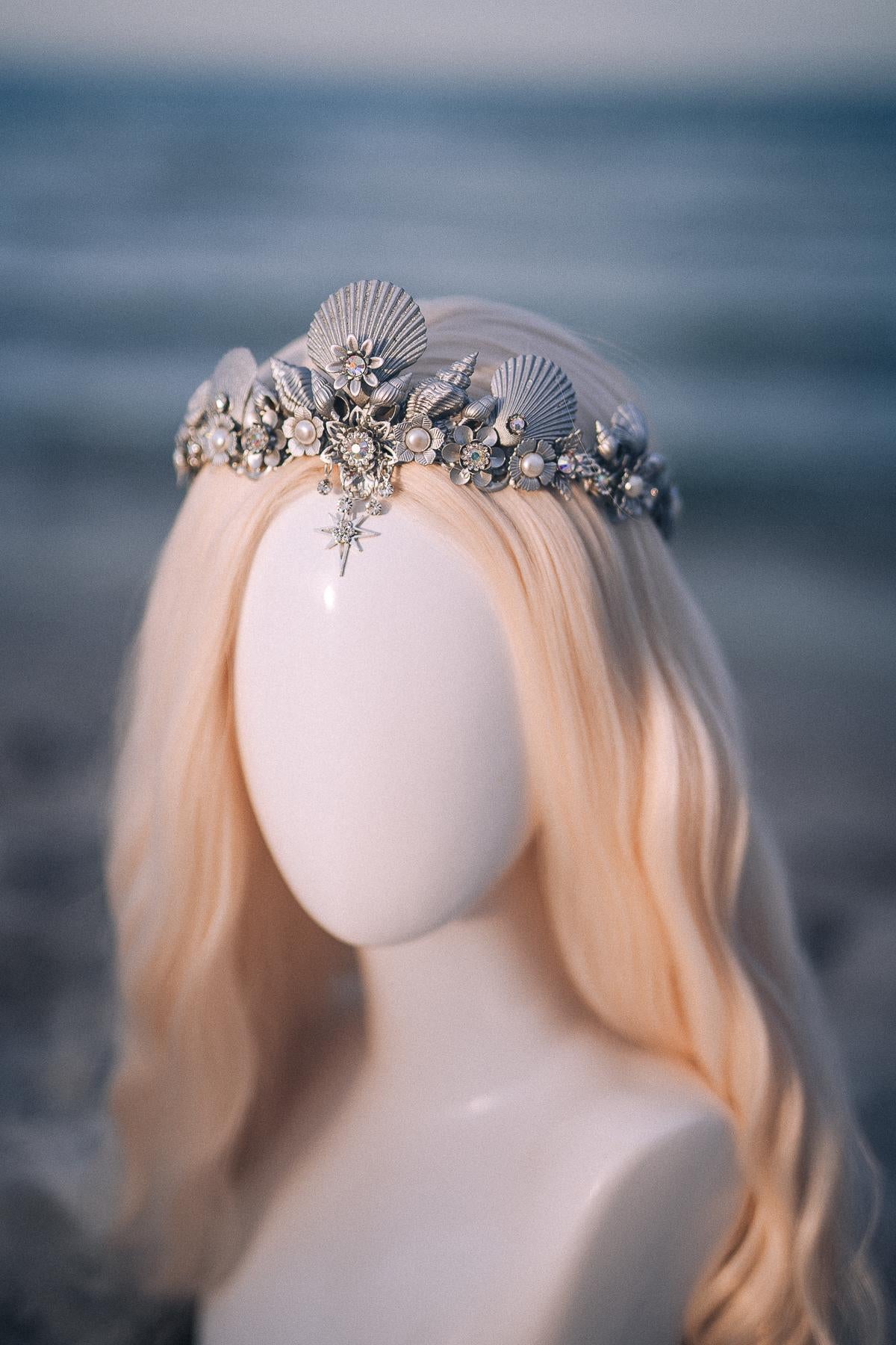 Silver Seashell Bridal Tiara Coastal Wedding Crown Celestial Bride Headpiece