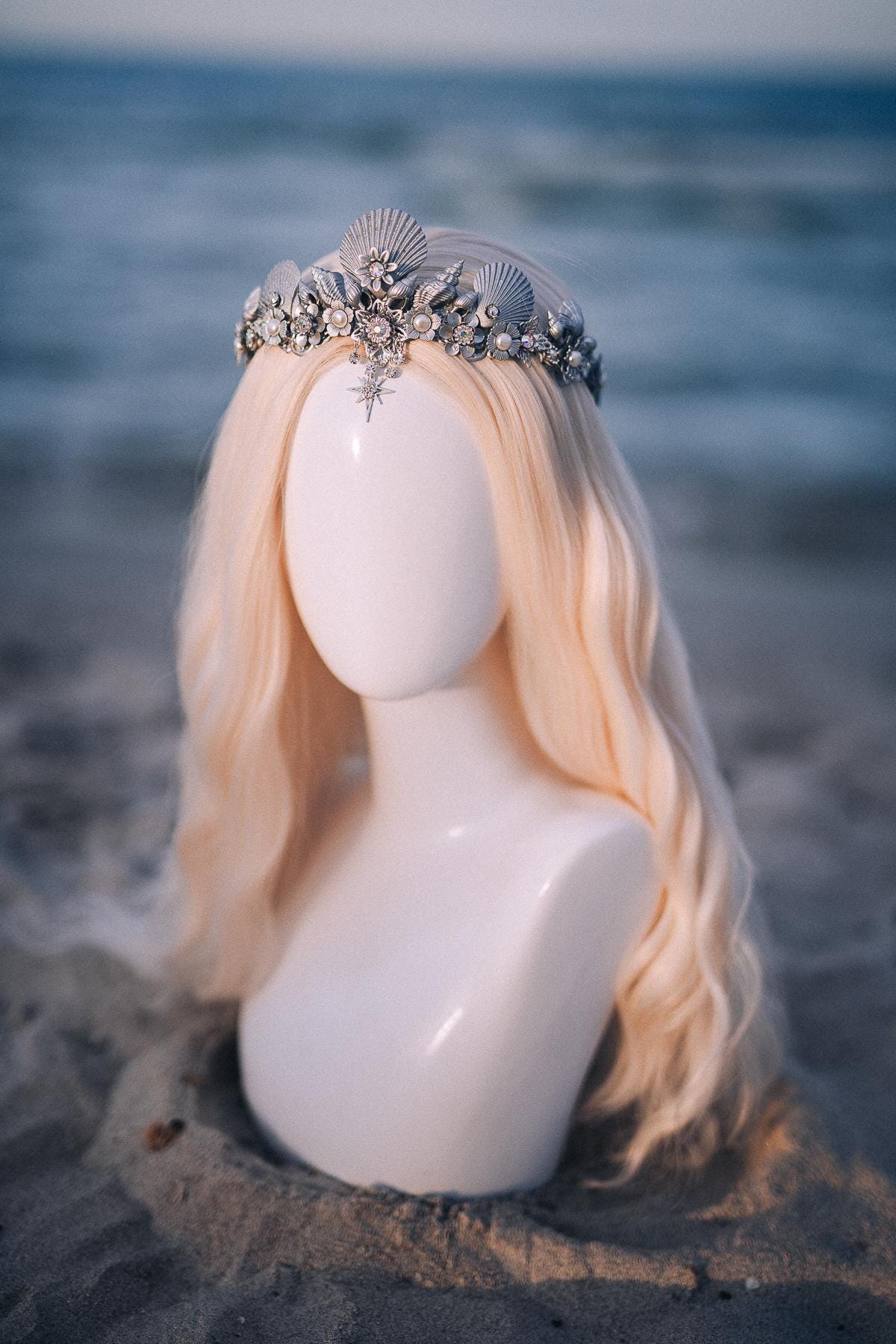Silver Seashell Bridal Tiara Coastal Wedding Crown Celestial Bride Headpiece