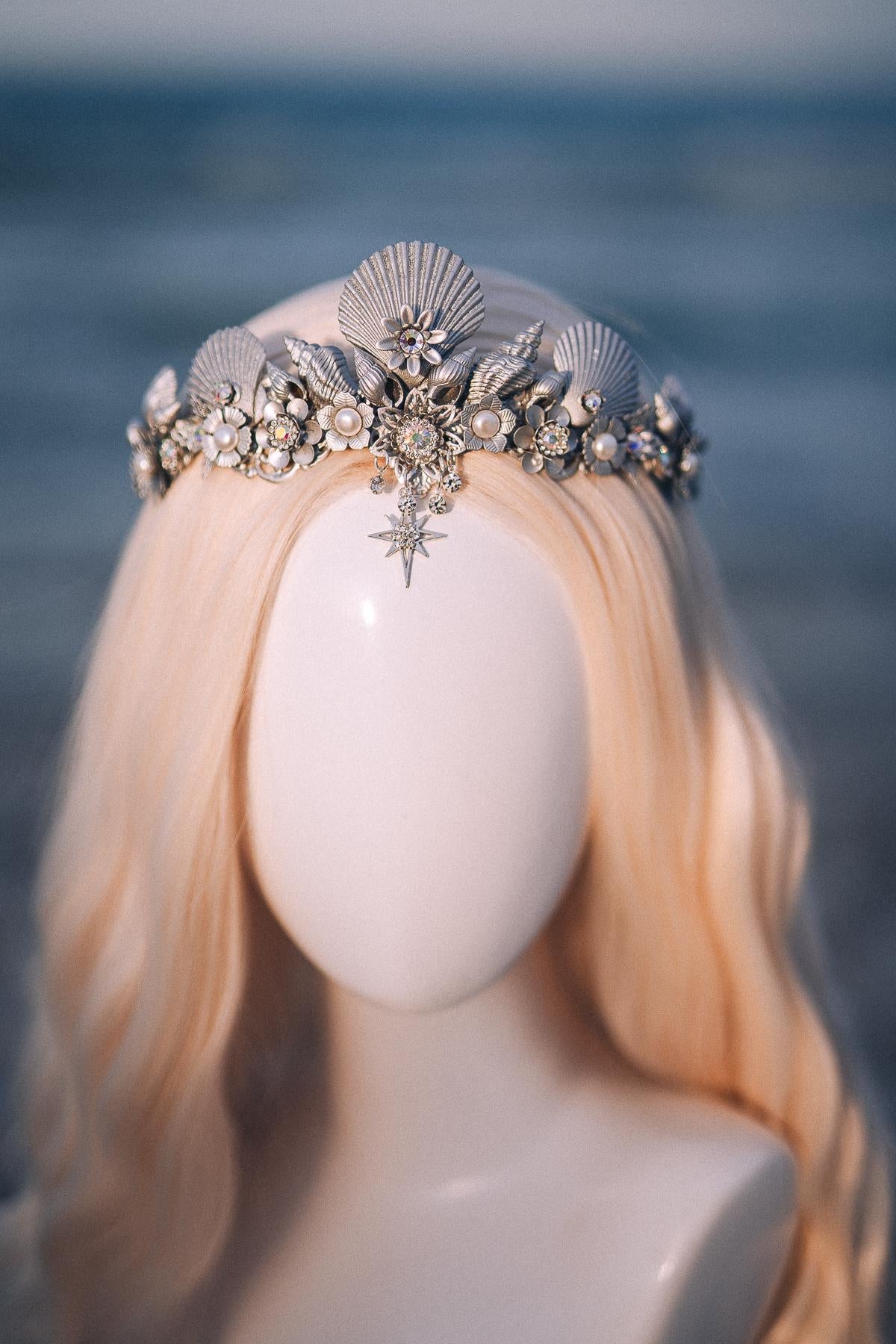 Silver Seashell Bridal Tiara Coastal Wedding Crown Celestial Bride Headpiece