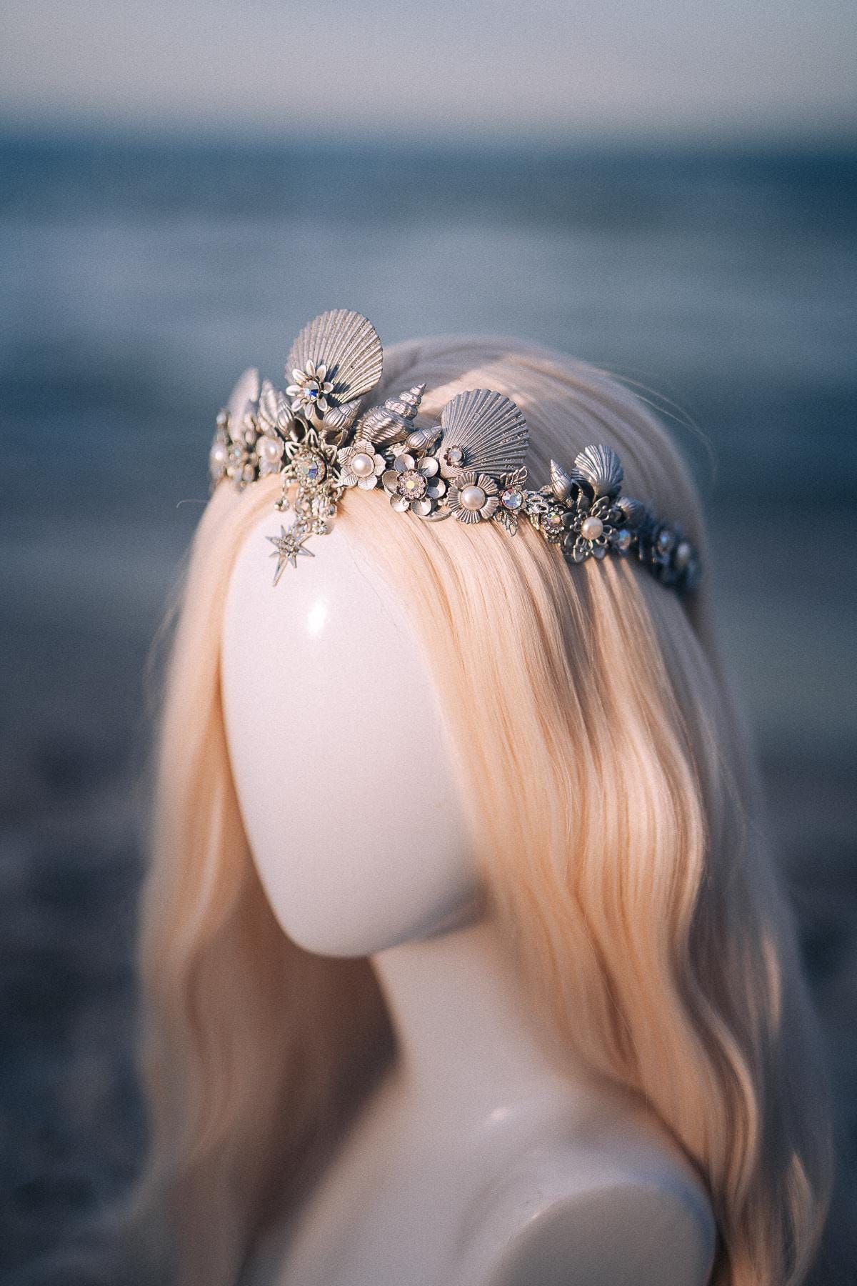 Silver Seashell Bridal Tiara Coastal Wedding Crown Celestial Bride Headpiece