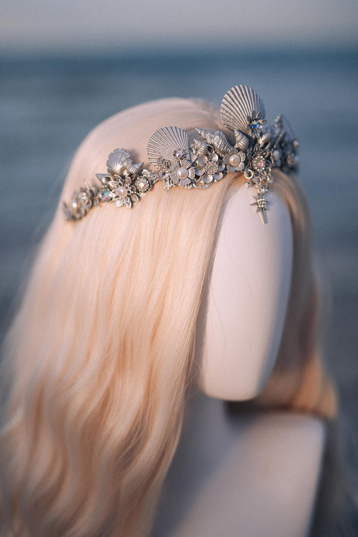 Silver Seashell Bridal Tiara Coastal Wedding Crown Celestial Bride Headpiece