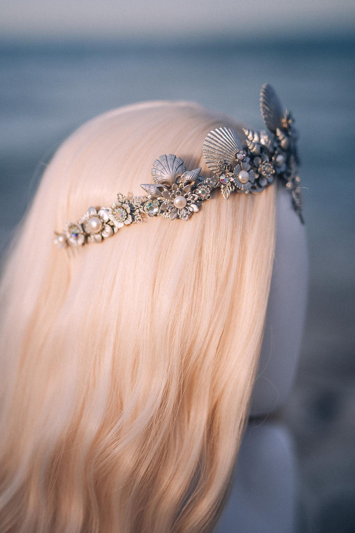 Silver Seashell Bridal Tiara Coastal Wedding Crown Celestial Bride Headpiece
