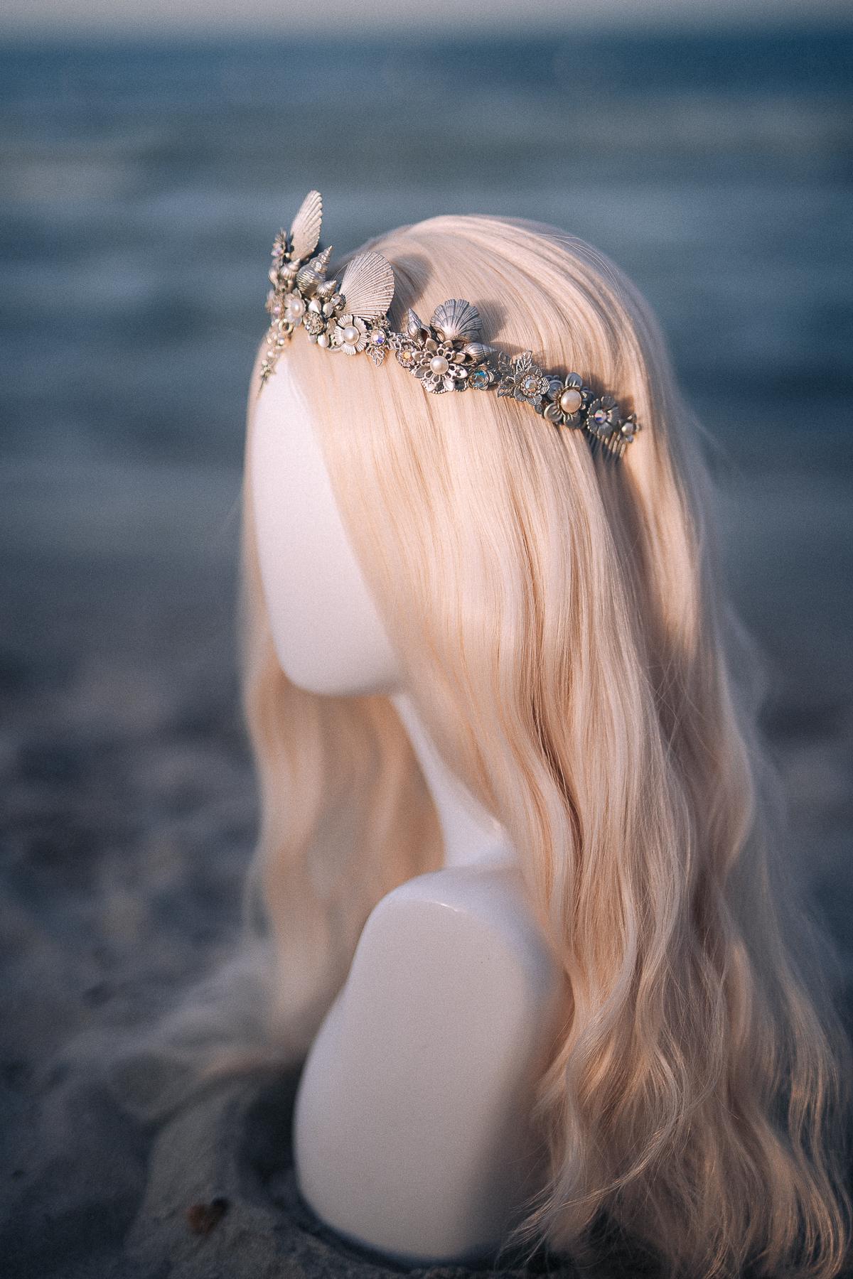 Silver Seashell Bridal Tiara Coastal Wedding Crown Celestial Bride Headpiece
