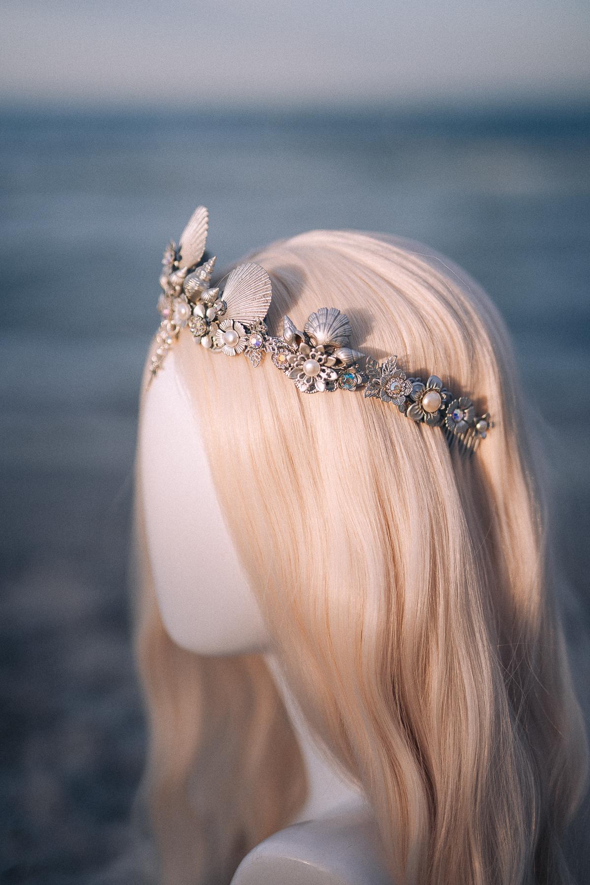 Silver Seashell Bridal Tiara Coastal Wedding Crown Celestial Bride Headpiece
