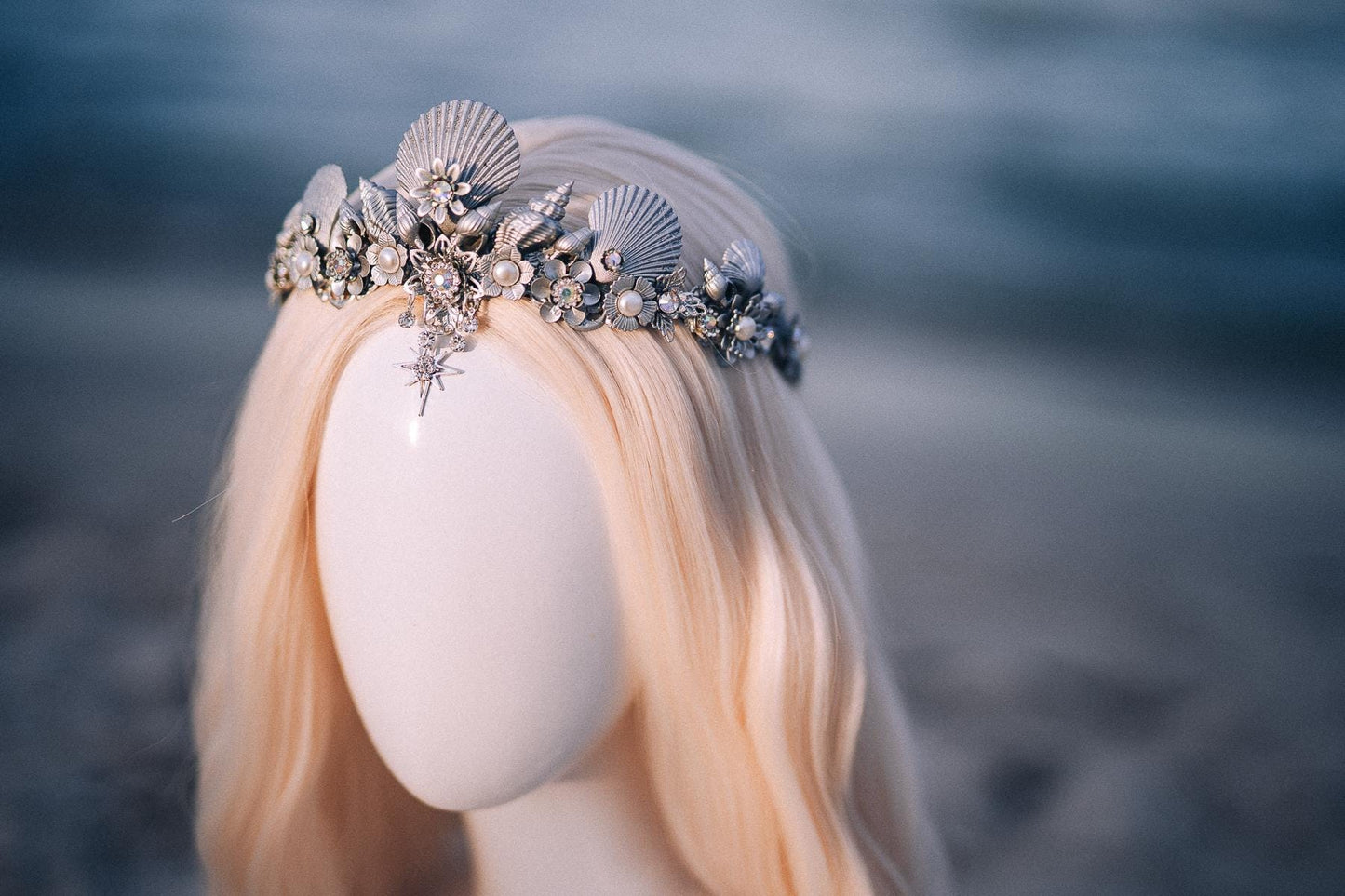 Silver Seashell Bridal Tiara Coastal Wedding Crown Celestial Bride Headpiece