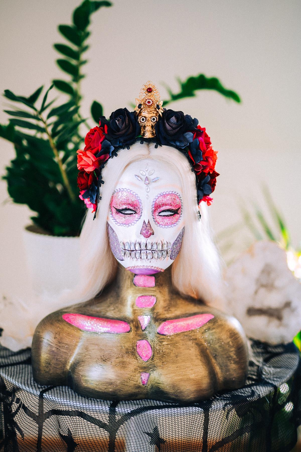 La Catrina Crimson Rose Crown, Día de los Muertos Floral Crown, Sugar Skull Headpiece, Mexican Flower Crown, Luxury Couture Crown