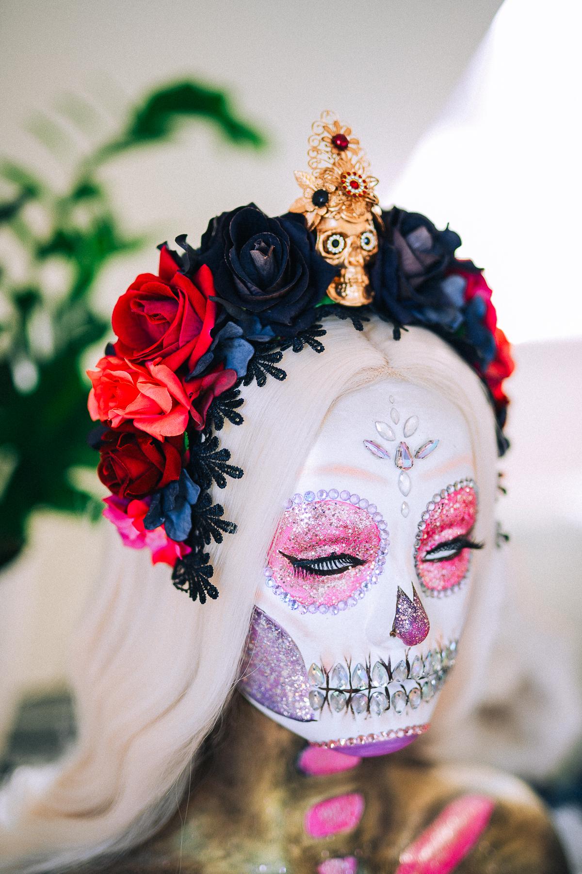 La Catrina Crimson Rose Crown, Día de los Muertos Floral Crown, Sugar Skull Headpiece, Mexican Flower Crown, Luxury Couture Crown