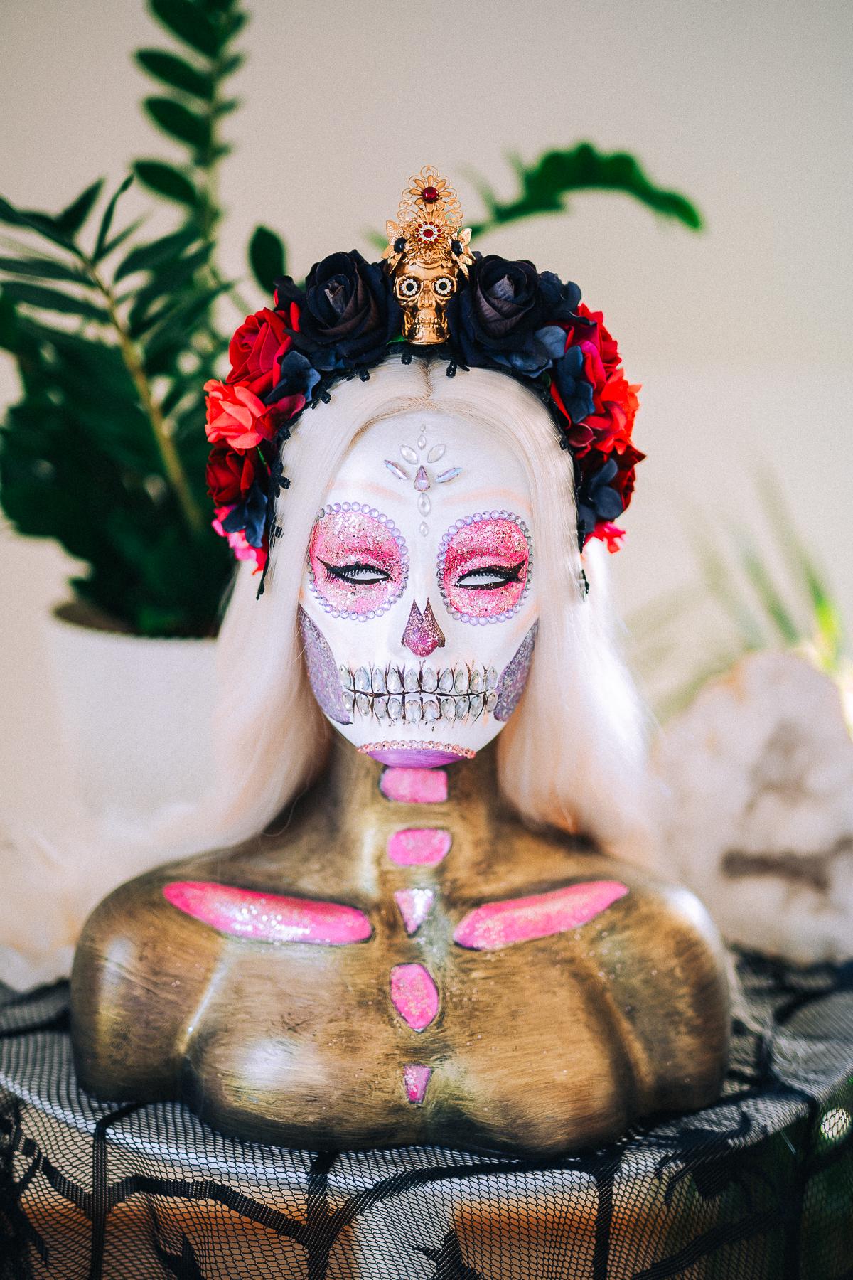 La Catrina Crimson Rose Crown, Día de los Muertos Floral Crown, Sugar Skull Headpiece, Mexican Flower Crown, Luxury Couture Crown