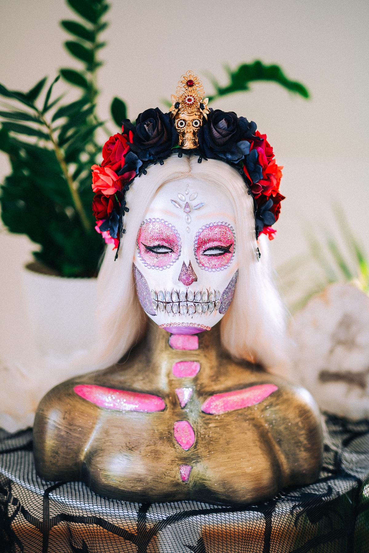 La Catrina Crimson Rose Crown, Día de los Muertos Floral Crown, Sugar Skull Headpiece, Mexican Flower Crown, Luxury Couture Crown