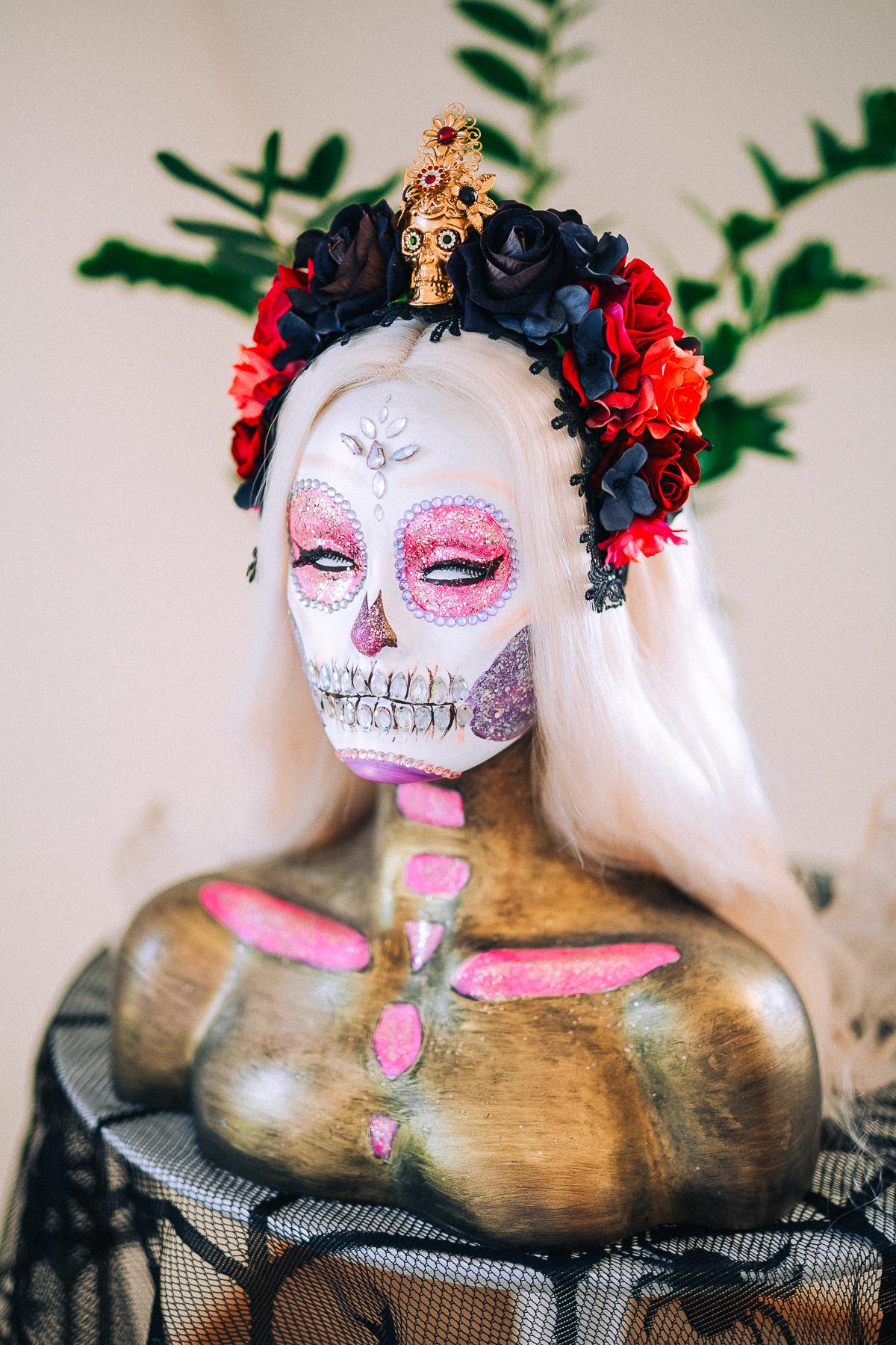 La Catrina Crimson Rose Crown, Día de los Muertos Floral Crown, Sugar Skull Headpiece, Mexican Flower Crown, Luxury Couture Crown