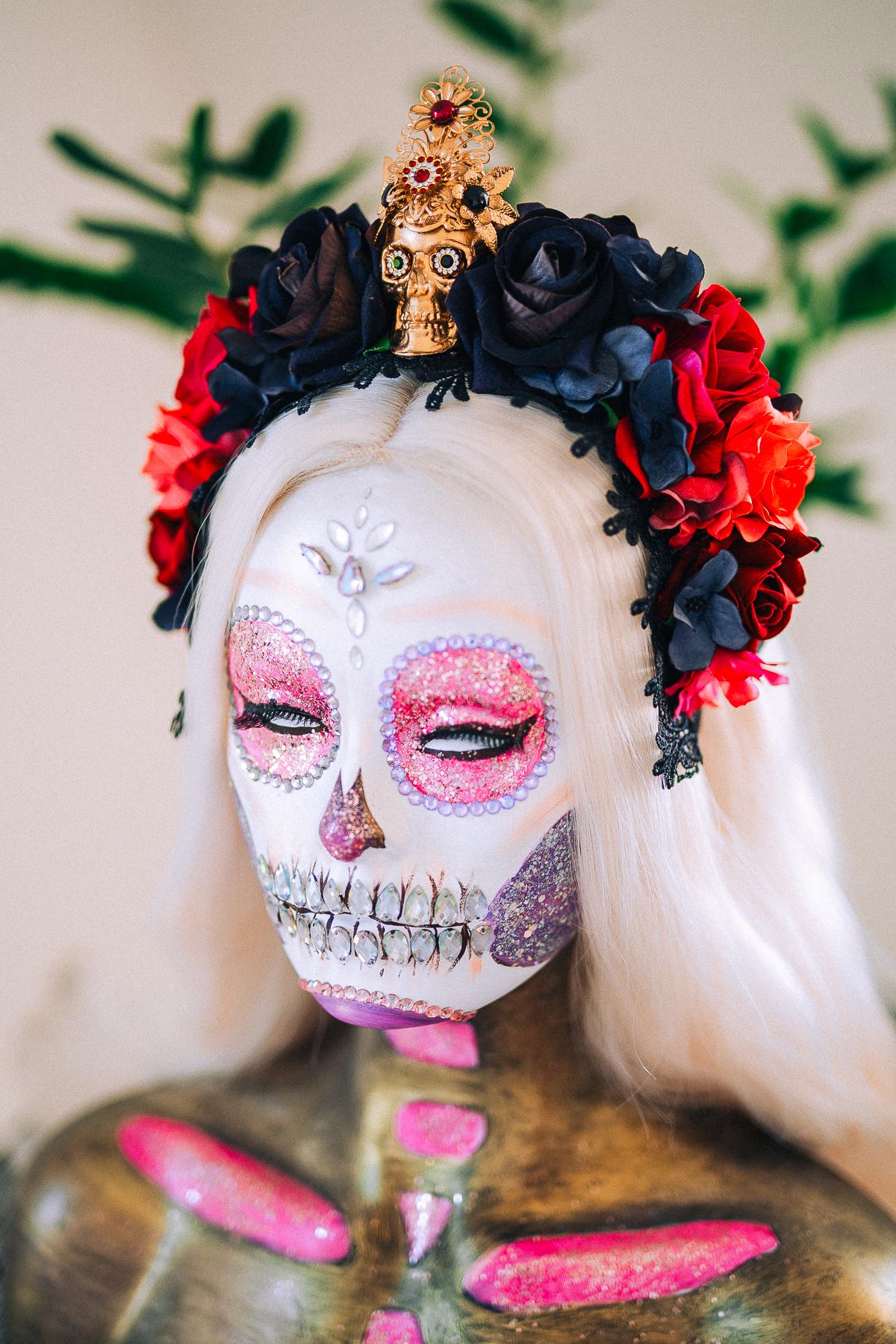 La Catrina Crimson Rose Crown, Día de los Muertos Floral Crown, Sugar Skull Headpiece, Mexican Flower Crown, Luxury Couture Crown