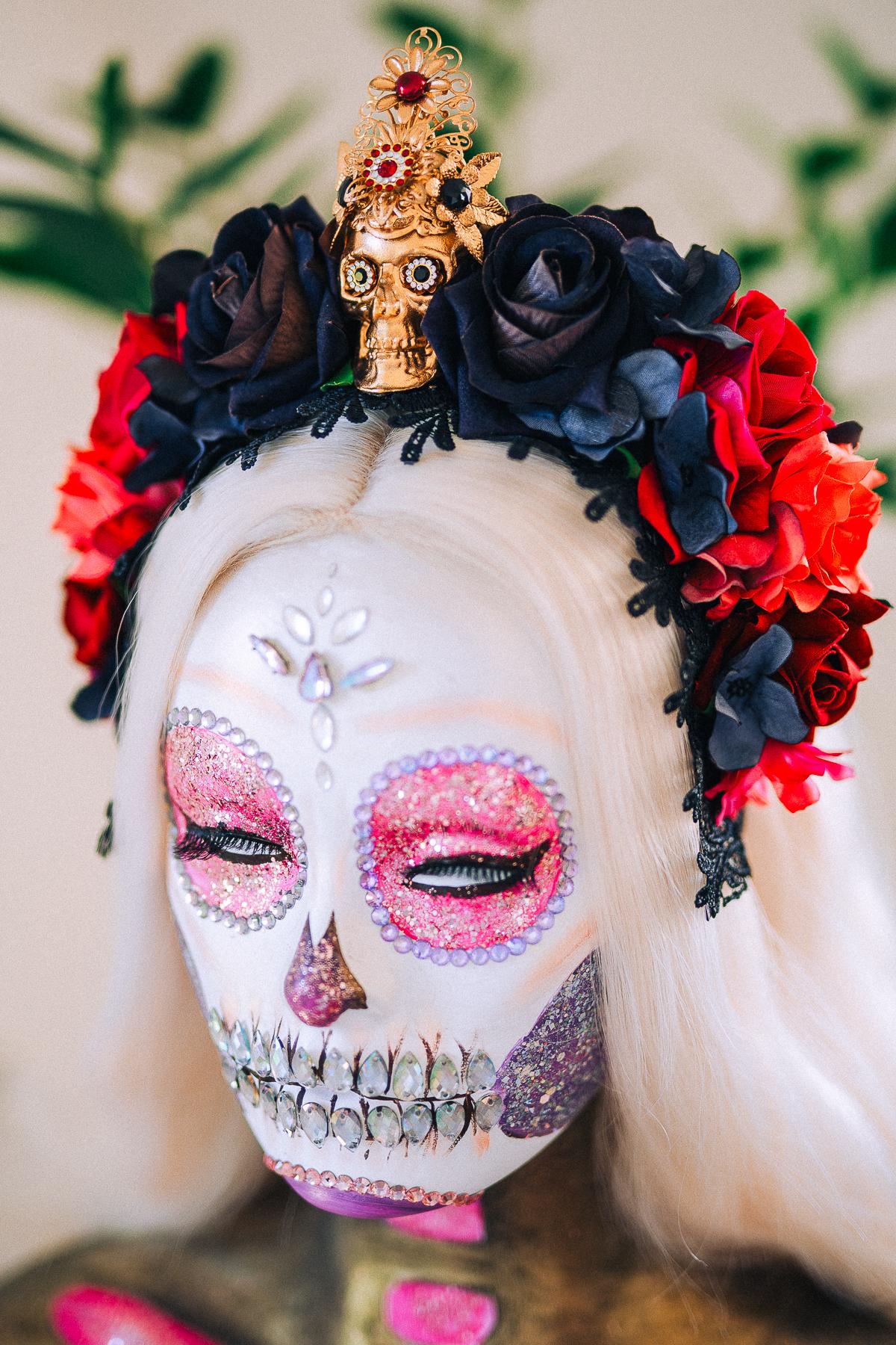 La Catrina Crimson Rose Crown, Día de los Muertos Floral Crown, Sugar Skull Headpiece, Mexican Flower Crown, Luxury Couture Crown