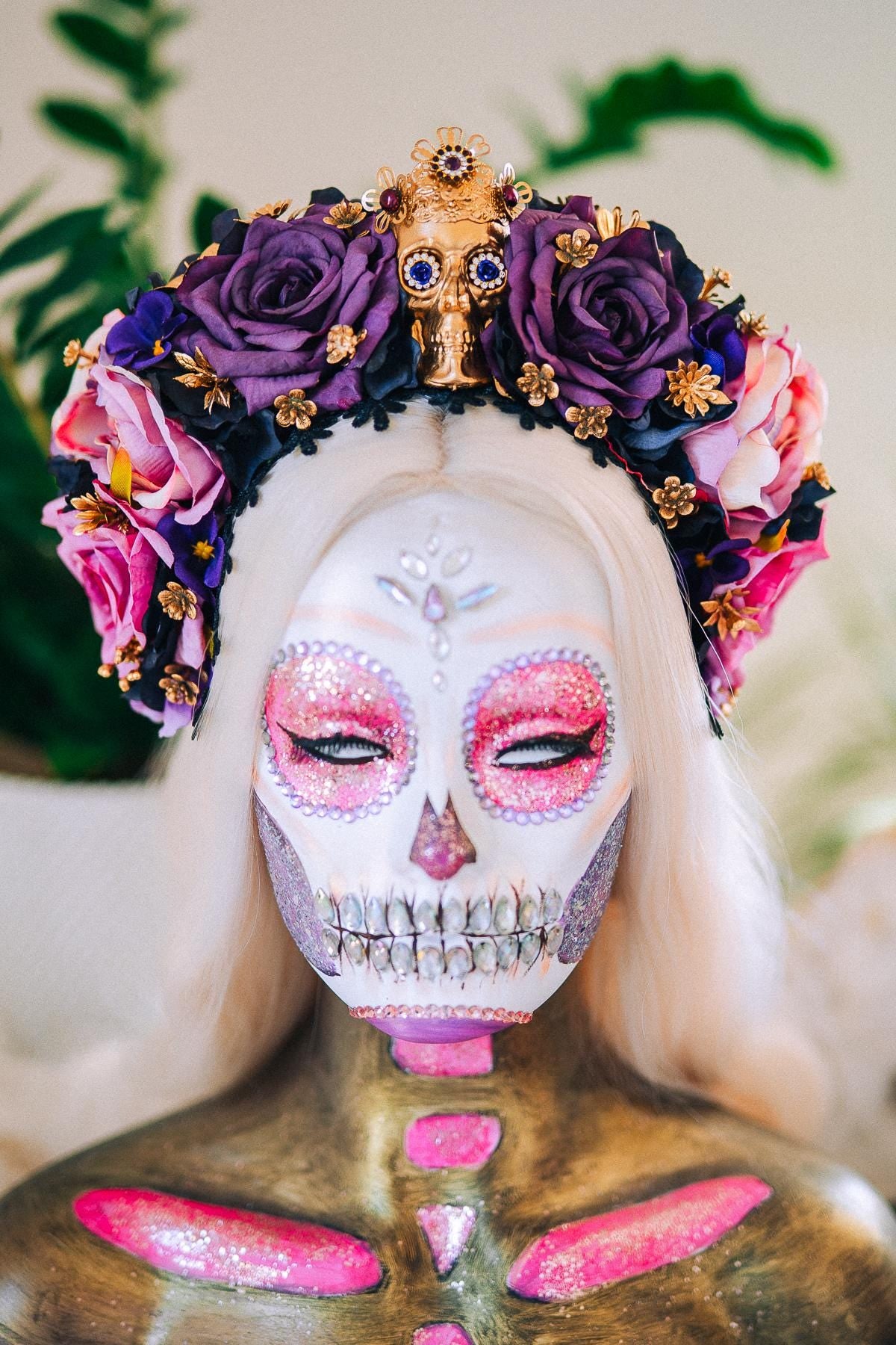 La Catrina Amethyst Bloom Crown, Día de los Muertos Floral Crown, Sugar Skull Headpiece, Mexican Flower Crown, Luxury Couture Crown