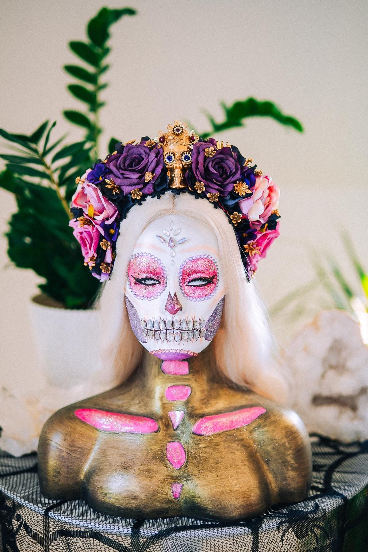 La Catrina Amethyst Bloom Crown, Día de los Muertos Floral Crown, Sugar Skull Headpiece, Mexican Flower Crown, Luxury Couture Crown