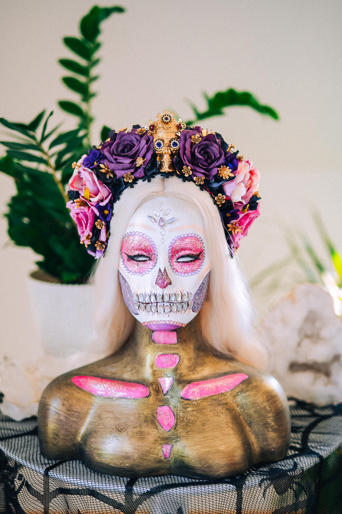 La Catrina Amethyst Bloom Crown, Día de los Muertos Floral Crown, Sugar Skull Headpiece, Mexican Flower Crown, Luxury Couture Crown