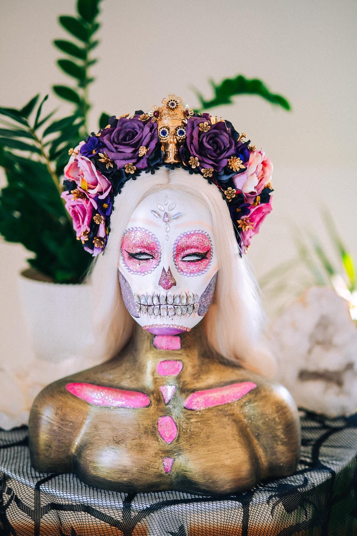 La Catrina Amethyst Bloom Crown, Día de los Muertos Floral Crown, Sugar Skull Headpiece, Mexican Flower Crown, Luxury Couture Crown