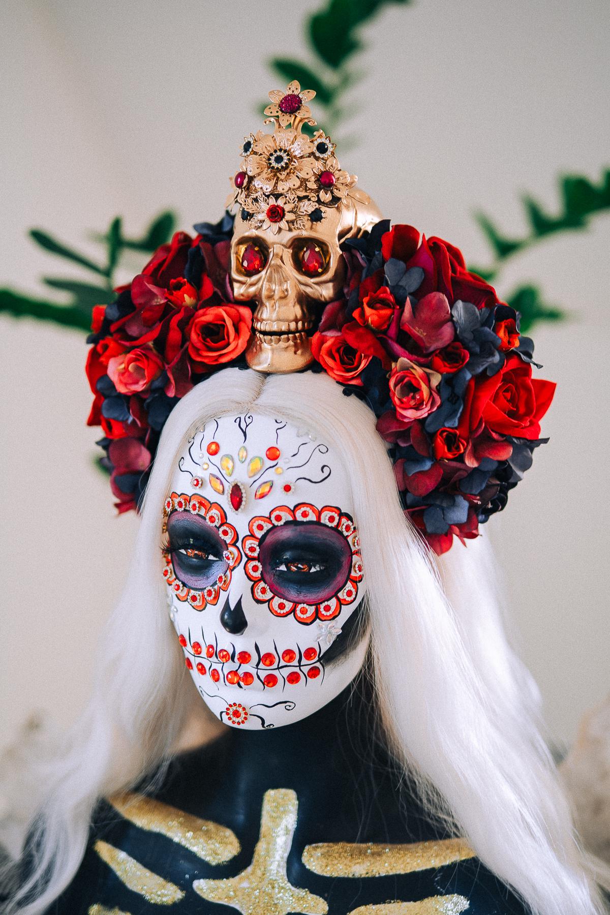 La Catrina Ruby Rose Crown, Día de los Muertos Floral Crown, Sugar Skull Headpiece, Mexican Flower Crown, Luxury Couture Crown