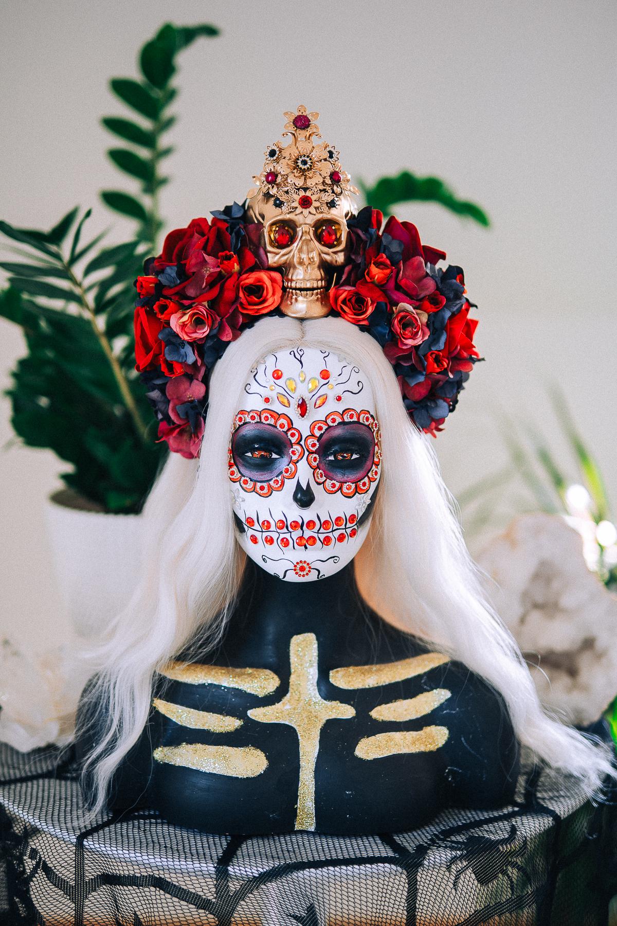 La Catrina Ruby Rose Crown, Día de los Muertos Floral Crown, Sugar Skull Headpiece, Mexican Flower Crown, Luxury Couture Crown