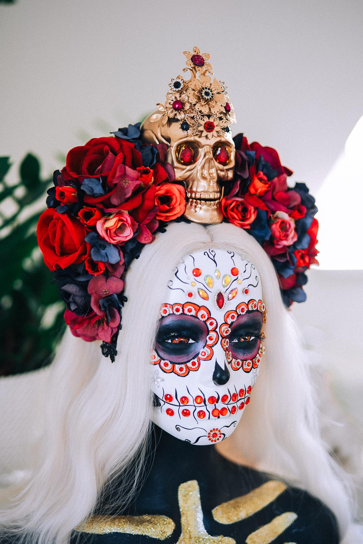 La Catrina Ruby Rose Crown, Día de los Muertos Floral Crown, Sugar Skull Headpiece, Mexican Flower Crown, Luxury Couture Crown