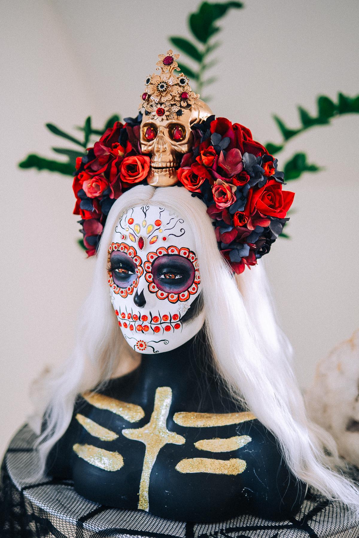 La Catrina Ruby Rose Crown, Día de los Muertos Floral Crown, Sugar Skull Headpiece, Mexican Flower Crown, Luxury Couture Crown