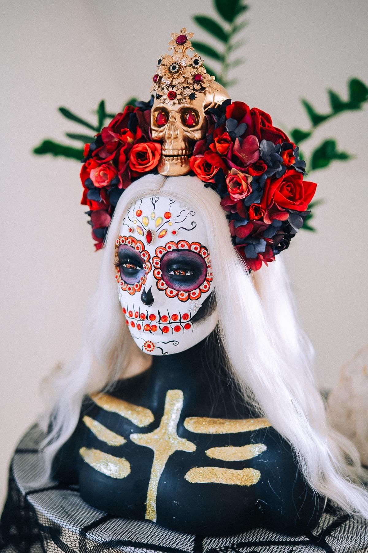 La Catrina Ruby Rose Crown, Día de los Muertos Floral Crown, Sugar Skull Headpiece, Mexican Flower Crown, Luxury Couture Crown