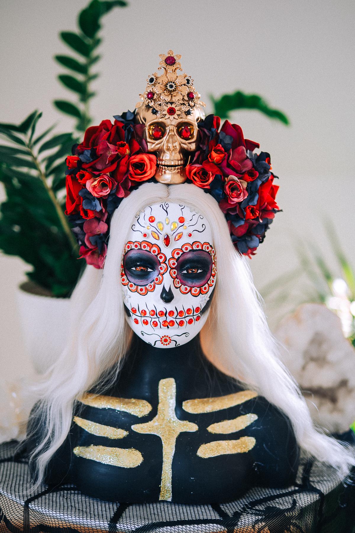 La Catrina Ruby Rose Crown, Día de los Muertos Floral Crown, Sugar Skull Headpiece, Mexican Flower Crown, Luxury Couture Crown