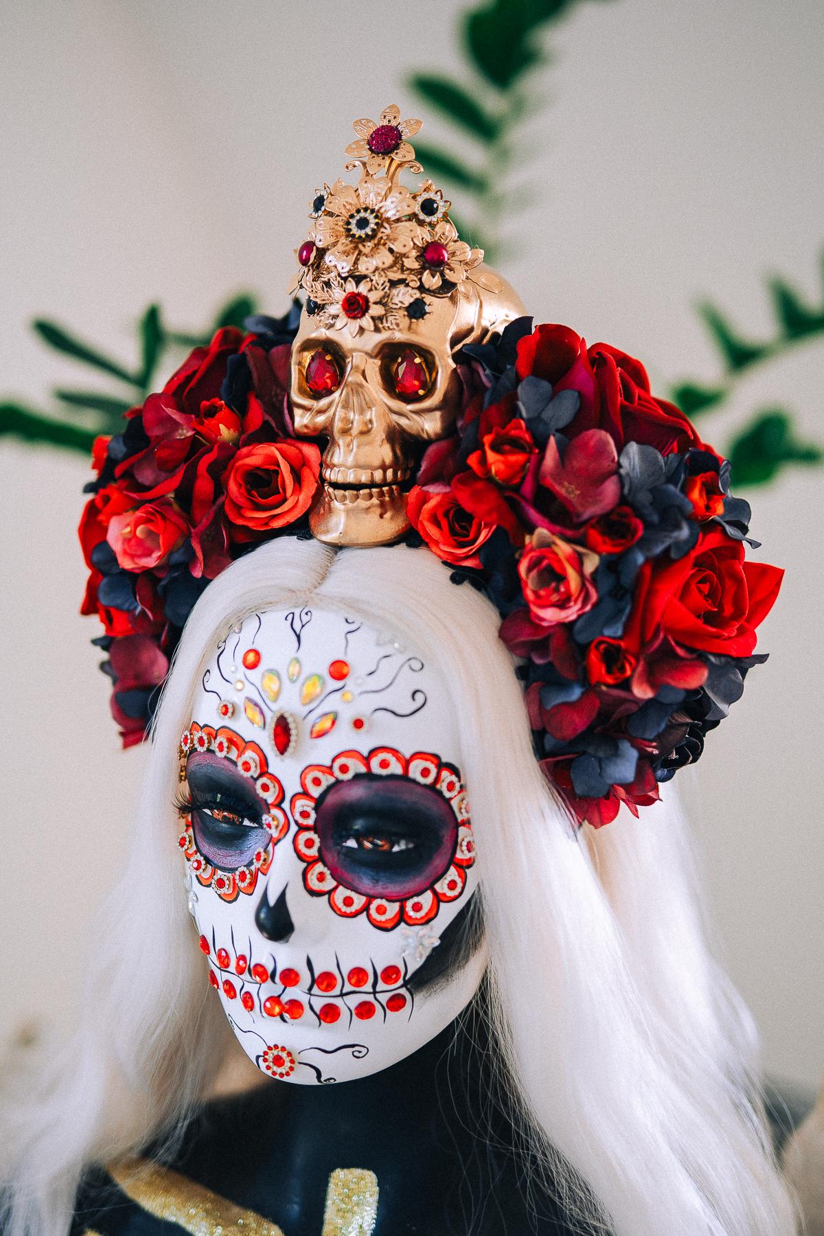 La Catrina Ruby Rose Crown, Día de los Muertos Floral Crown, Sugar Skull Headpiece, Mexican Flower Crown, Luxury Couture Crown