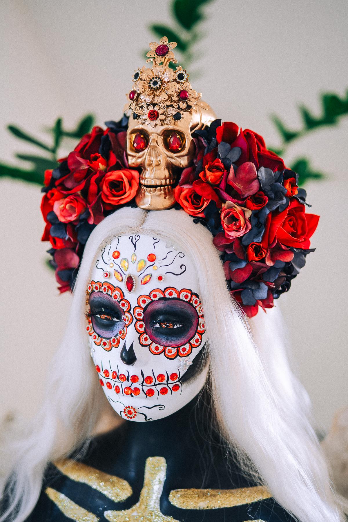 La Catrina Ruby Rose Crown, Día de los Muertos Floral Crown, Sugar Skull Headpiece, Mexican Flower Crown, Luxury Couture Crown