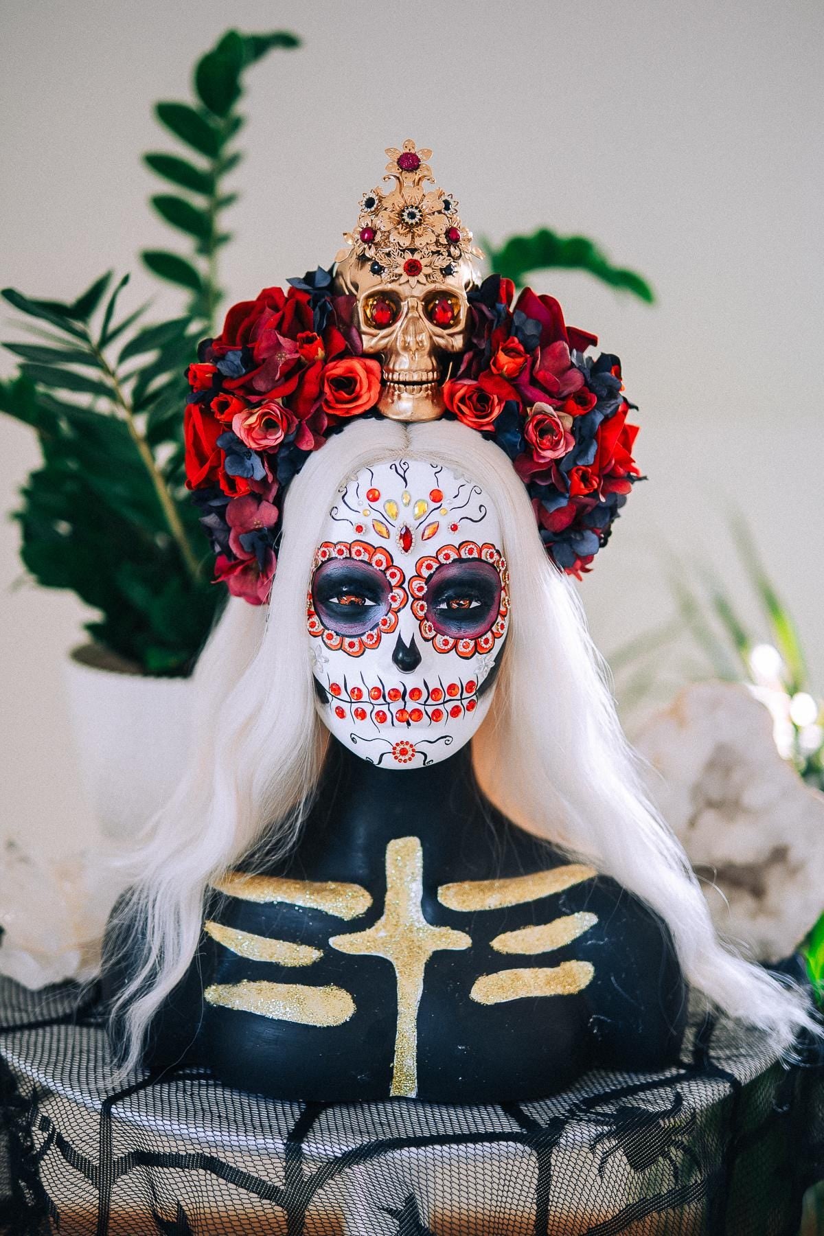 La Catrina Ruby Rose Crown, Día de los Muertos Floral Crown, Sugar Skull Headpiece, Mexican Flower Crown, Luxury Couture Crown